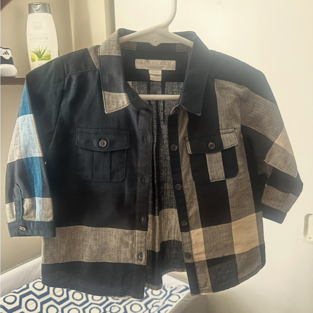Burberry Kids Black and Blue Plaid Button Down Shirt